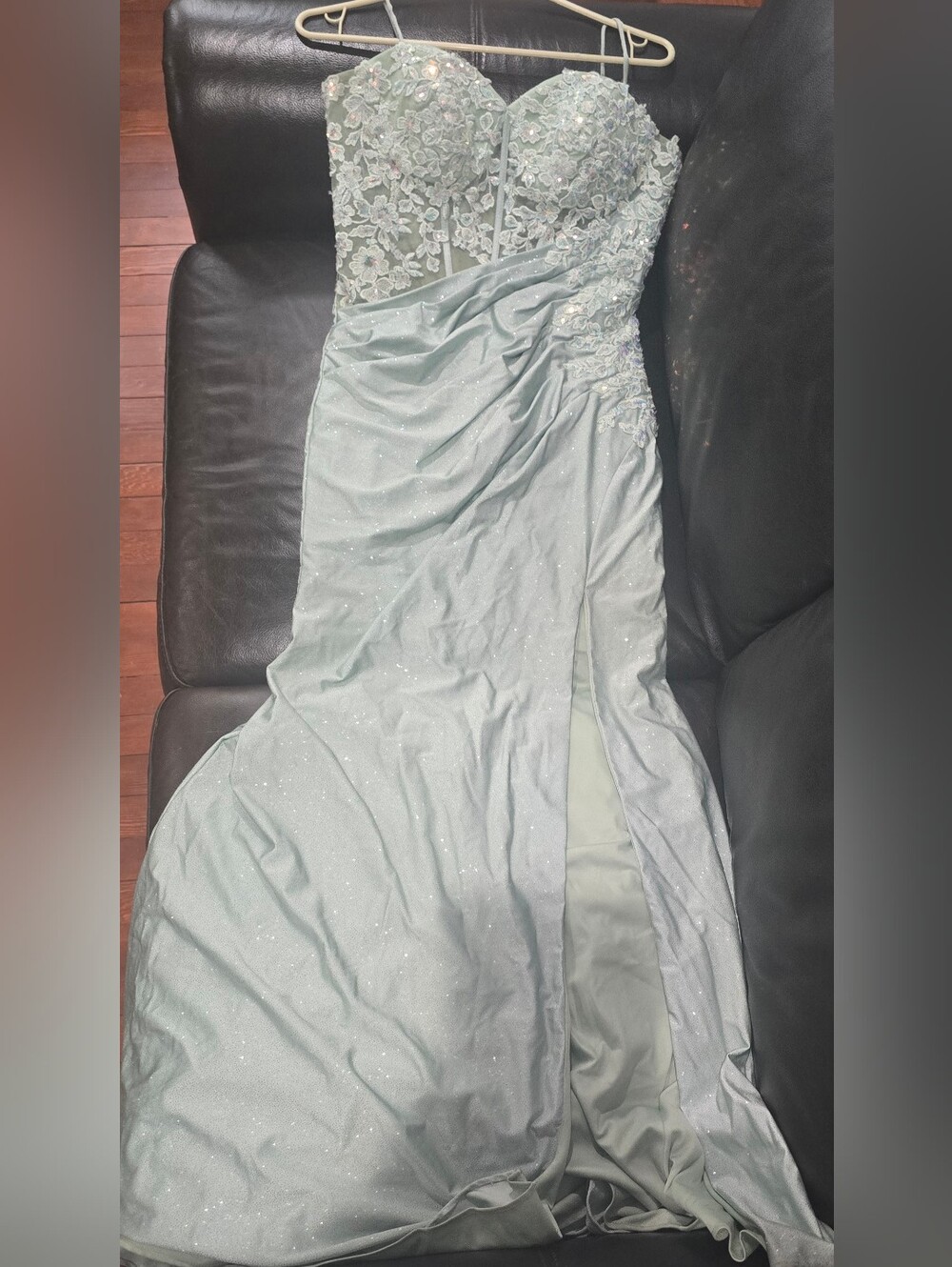 Lace Appliqué Evening Gown in Light Mint
